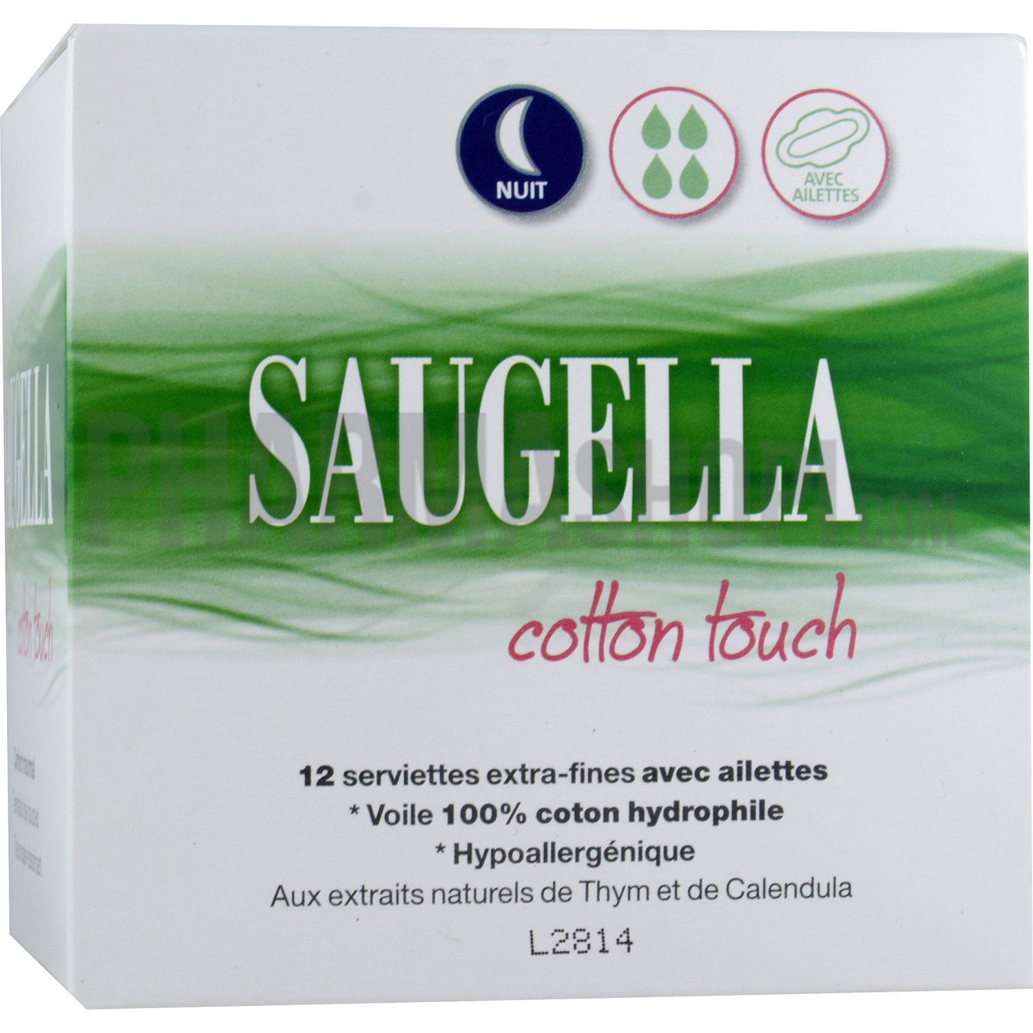 Cotton touch serviette extra-fine avec ailettes nuit Saugella - boite de 12 serviettes