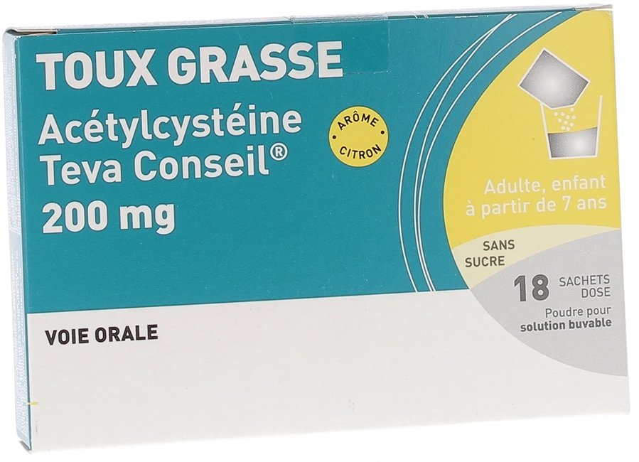 Acétylcystéine 200mg Teva conseil toux grasse - boite de 18 sachets-doses