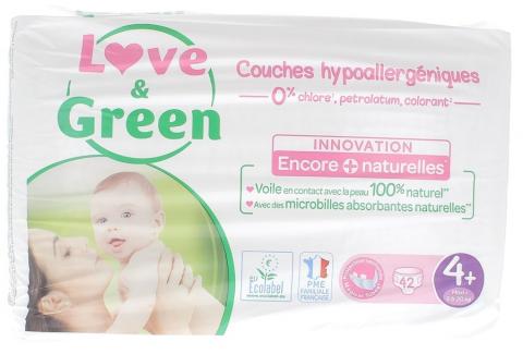 Couches Bébé Hypoallergéniques 0% Love & Green - Taille 4+/9-20 kg (x 42  couches)