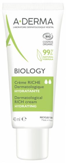 Biology Crème riche hydratante bio A-Derma - tube de 40ml