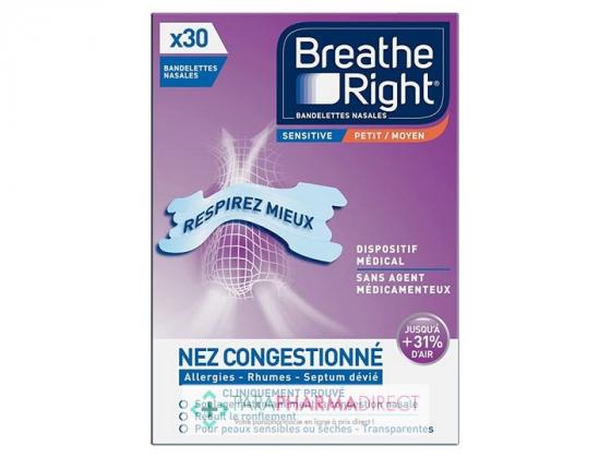 Bandelettes nasales sensitive Breathe Right - boite de 30 bandelettes transparentes