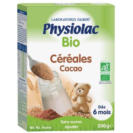 Physiolac Céréales bio cacao dès 6 mois Gilbert - boite de 200 g