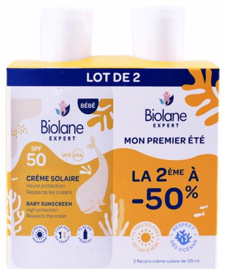 Crème solaire bébé SPF50 Biolane - lot de 2 flacons de 100 ml