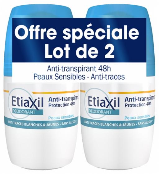 Déodorant anti-transpiration 48h peaux sensibles Etiaxil - lot de 2 roll-on de 50 ml