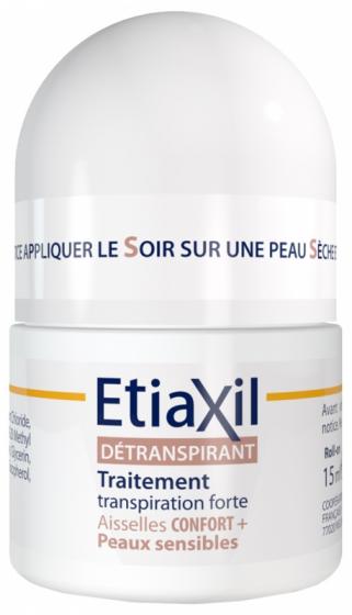 Détranspirant Confort+ Traitement transpiration forte Aisselles peaux sensibles Etiaxil - roll-on de 15 ml