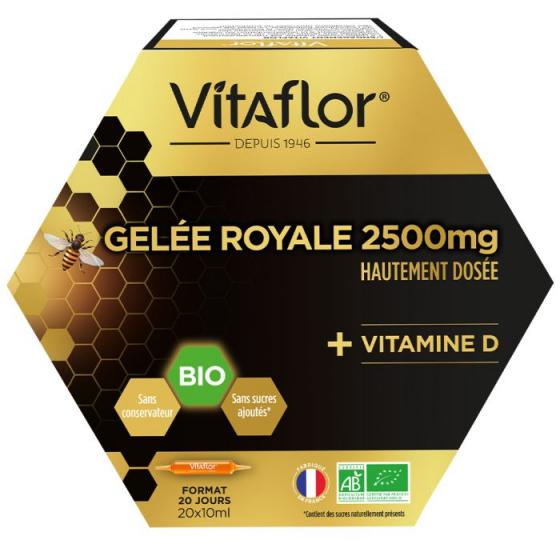 Gelée royale 2500 mg Vitamine D bio Vitaflor - boîte de 20 ampoules