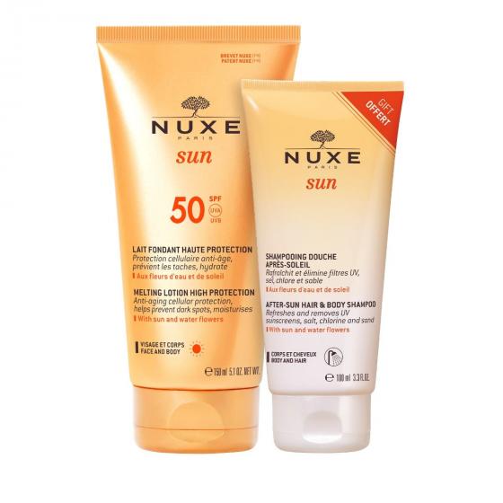 Lait solaire fondant visage et corps SPF50 + Shampooing douche après-soleil 100ml offert Nuxe Sun - tube de 150ml
