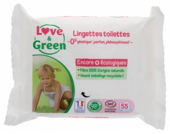 Lingettes toilettes sans parfum Love & Green - paquet de 55 lingettes
