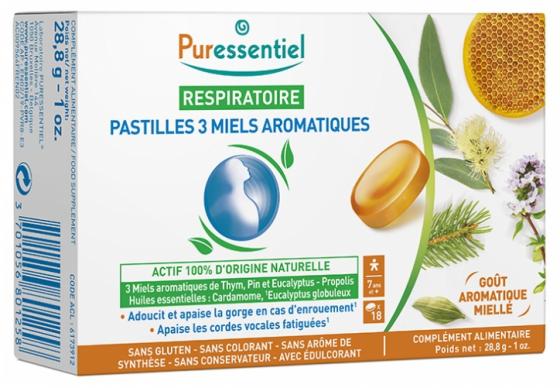 Pastilles 3 Miels Aromatiques Respiratoire Puressentiel - boîte de 18 pastilles
