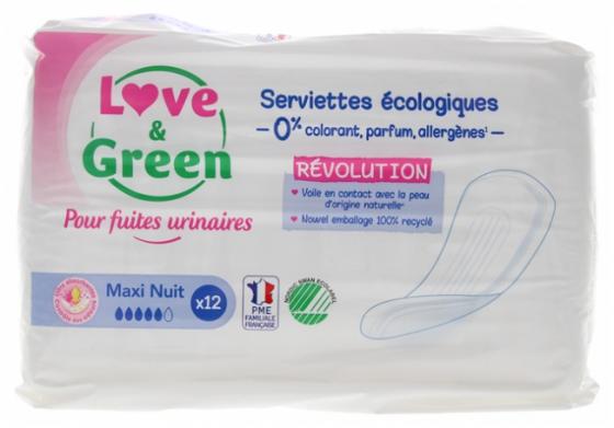 Serviettes écologiques fuites urinaires maxi nuit Love & Green - sachet de 12 serviettes