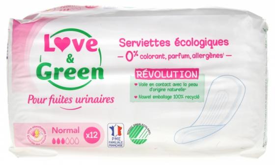 Serviettes écologiques fuites urinaires normal Love & Green - sachet de 12 serviettes