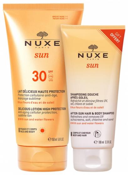 Lait délicieux haute protection visage et corps SPF30 + Shampoing douche après-soleil 100 ml offert Nuxe Sun - tube de 150ml
