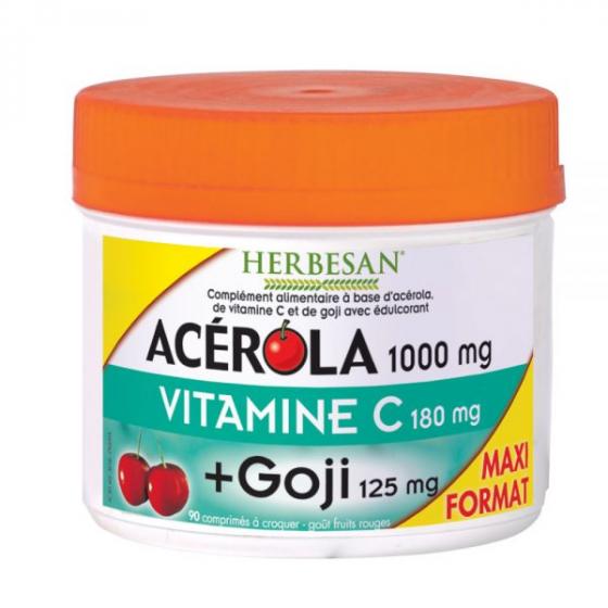 Acérola 1000 mg + vitamine C 180 mg + Goji 125 mg Herbesan - pot de 90 comprimés à croquer