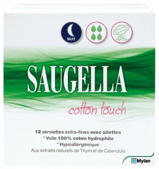 Cotton touch serviette extra-fine avec ailettes nuit Saugella - boite de 12 serviettes