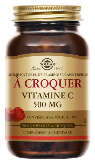 Vitamine C 500 goût framboise/cranberry Solgar - pot de 90 comprimés à croquer