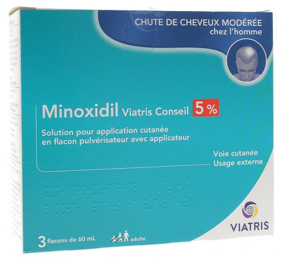 Minoxidil conseils 5% Viatris - boîte de 3 flacons de 60ml