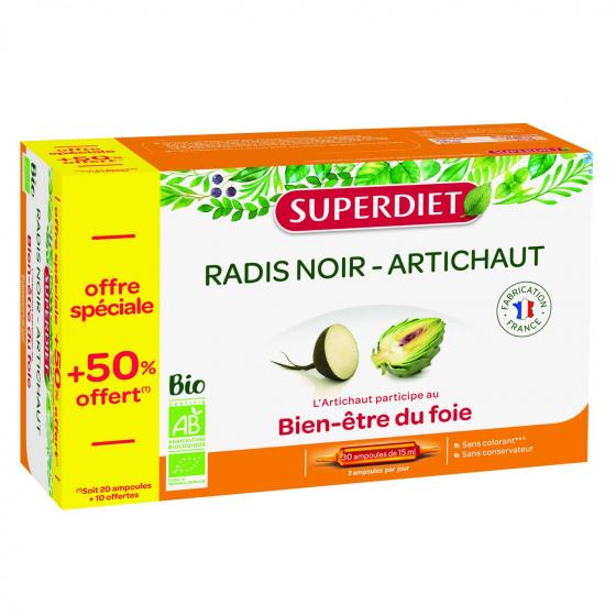 Radis noir / Artichaut bio Super Diet - boîte de 30 ampoules de 15 ml offre spéciale +50% offert