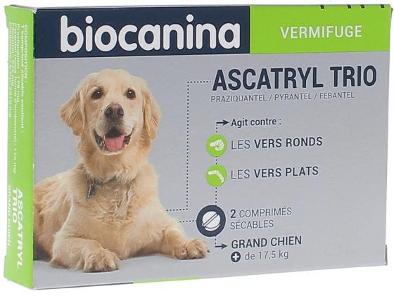 Ascatryl Trio Vermifuge Grand Chien (+ de 17,5 kg) Biocanina- boîte de 2 comprimés