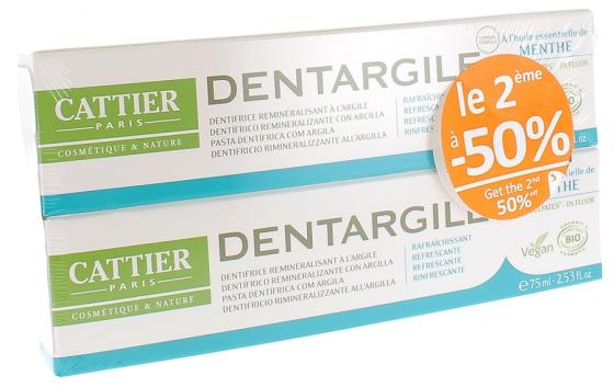 Dentargile dentifrice raffraichissant Menthe Bio Cattier - lot de 2 tubes de 75 ml