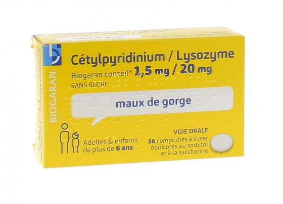 Cétylpyridinium Lysozyme 1,5 mg / 20 mg Biogaran - 36 comprimés à sucer