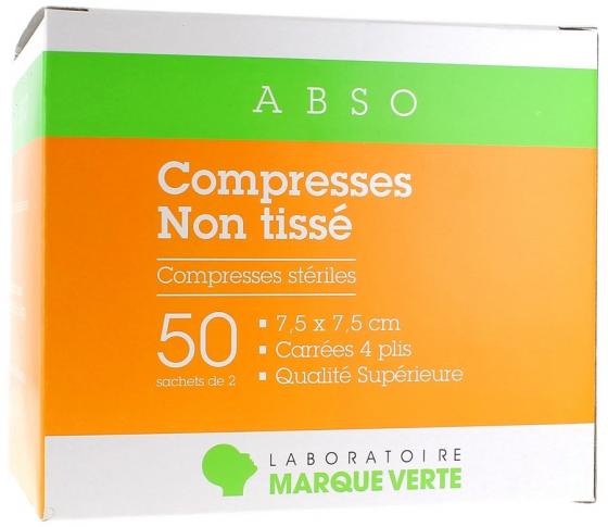 Compresses Stériles Non Tissé 7,5cm x 7,5cm Marque Verte - boîte de 50 sachets de 2 compresses
