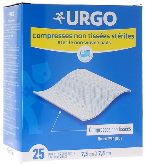 Compresses non tissées stériles Urgo - boîte de 25 sachets de 2 compresses 7,5 x 7,5