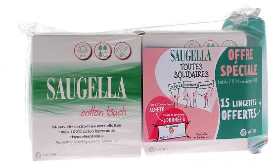 Cotton touch serviette extra-fine avec ailettes jour Saugella - lot de 2 boîtes de 14 serviettes + 15 lingettes offertes