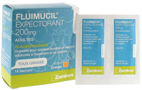 Fluimucil expectorant 200 mg toux grasse Zambon - 18 sachets arôme orange