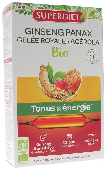Ginseng panax gelée royale acérola bio Super Diet - boite de 20 ampoules de 15 ml