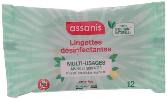 Lingettes désinfectantes multi-usages Assanis - paquet de 12 lingettes