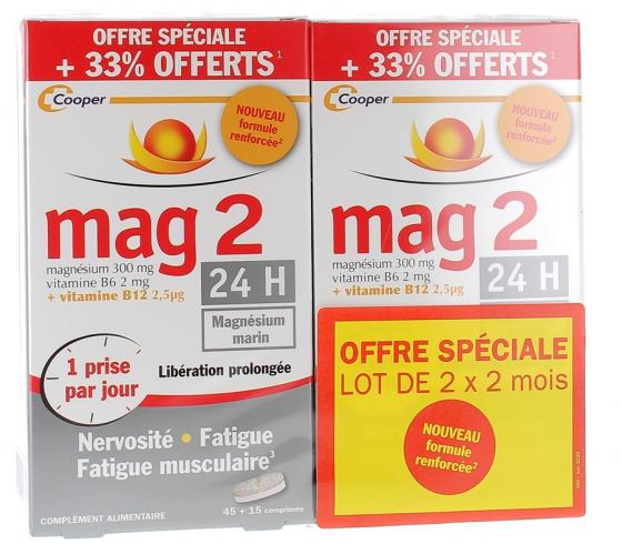 Mag2 24h Magnésium Marin Cooper - 2 boîtes de 45 comprimés + 30 offerts