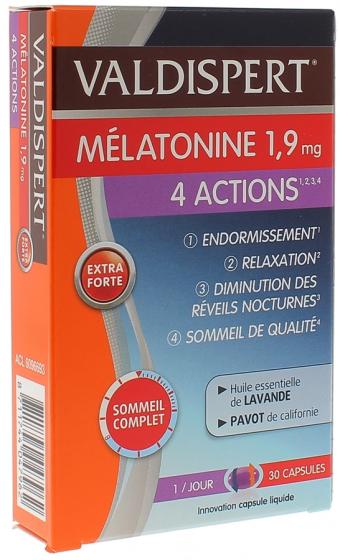 Mélatonine 1,9 mg 4 actions Valdispert - boite de 30 capsules