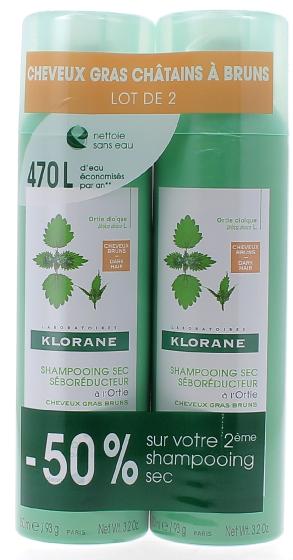 Shampooing sec Séboréducteur cheveux gras bruns Klorane - lot de 2 sprays de 150 ml