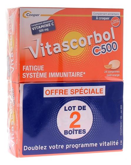 Vitascorbol Vitamine C sans sucre 500 mg - lot de 2 boîtes de 24 comprimés