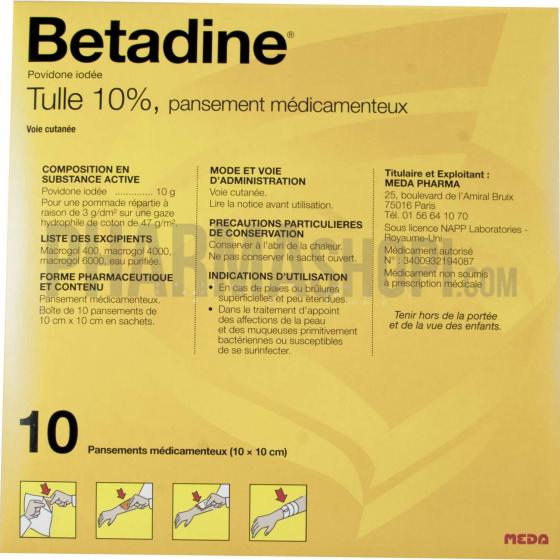 Betadine tulle 10% pansement médicamenteux - boîte de 10 pansements