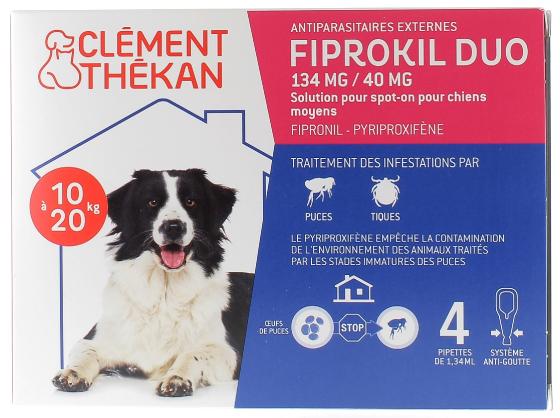 Fiprokil duo chien 134 mg/40 mg Clément-thékan - 4 pipettes de 1,34 ml
