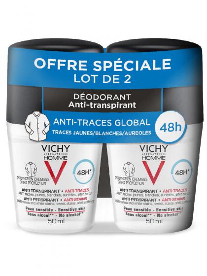 Déodorant homme anti-transpirant anti-traces global Vichy - Lot de 2 flacon de 50 ml