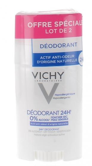Déodorant 24h toucher sec sans sels d'aluminium Vichy - Lot de 2 sticks de 40 ml