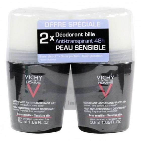 Déodorant anti-transpirant 48h peau sensible Vichy homme - 2 flacons bille de 50 ml