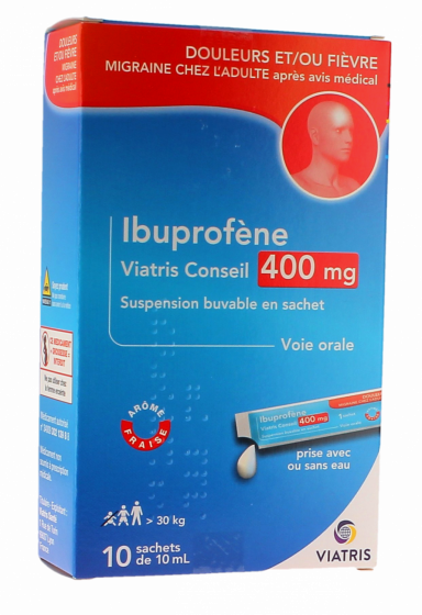 Ibuprofène 400mg arôme fraise Viatris - boîte de 10 sachets de 10ml