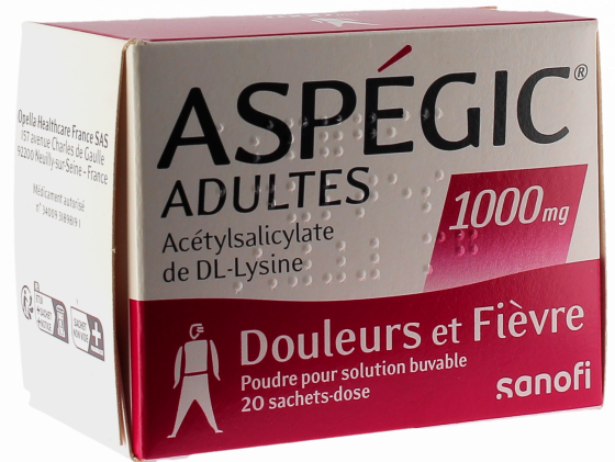 Aspegic Dès 15 ans; Adultes 1000mg poudre pour solution buvable en sachet-dose - boîte de 20 sachets