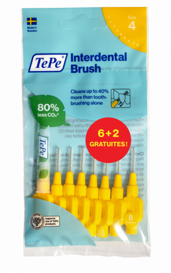 Brossettes interdentaires originales jaune taille 4 (0.7 mm) TePe - 6 brossettes + 2 gratuites