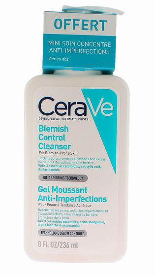 Gel moussant anti-imperfections Cerave - flacon-pompe de 236ml + mini soin offert