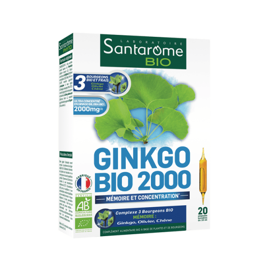 Ginkgo Bio 2000 mémoire et concentration Santarome Bio - boite de 20 ampoules