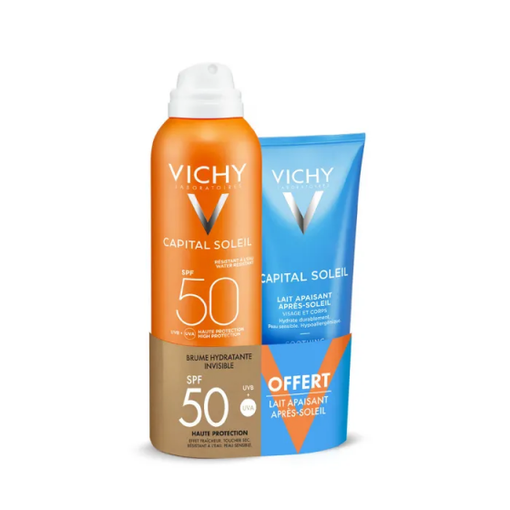 Capital Soleil Brume hydratante invisible SPF50 Vichy - spray de 200ml + lait apaisant après-soleil 100ml offert
