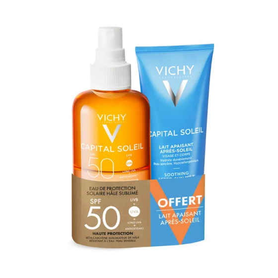 Capital soleil eau de protection solaire hâle sublimé SPF 50 Vichy - spray de 200ml + lait après soleil 100ml offert