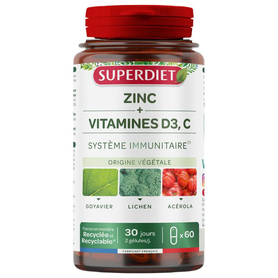 Zinc + Vitamines D3 et C Superdiet - pot de 60 comprimés
