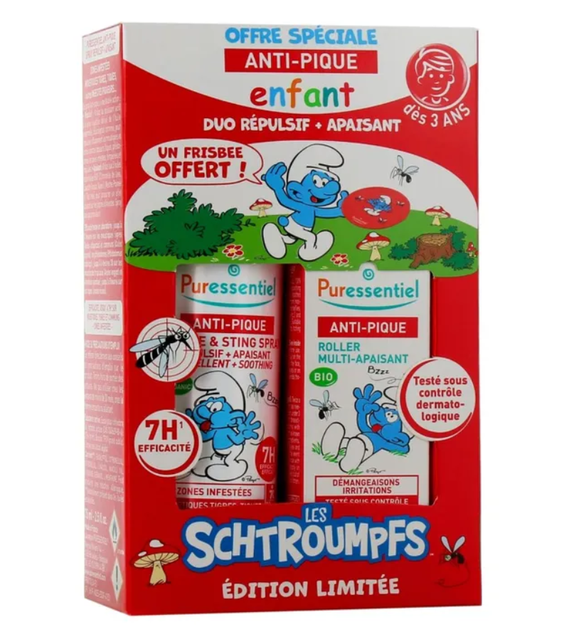 Anti-pique schtroumpfs dès 3 ans Puressentiel - coffret répulsif + apaisant + un frisbee offert