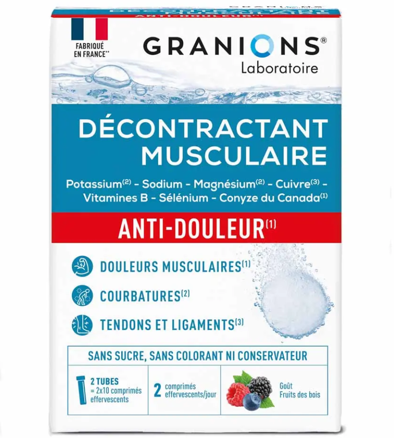 Décontractant musculaire anti-douleur goût fruits des bois Granions - 2 tubes de 10 comprimés