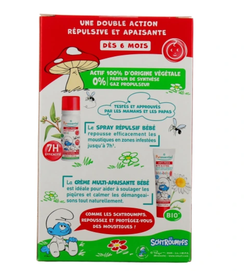 Anti-pique schtroumpfs bébé dès 6 mois Puressentiel - coffret répulsif + apaisant + un bavoir offert